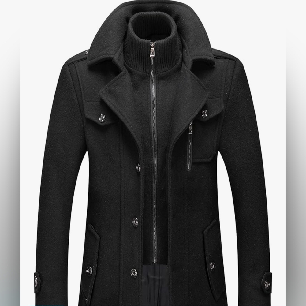 PRIJOUHE Men's Wool Blend Pea Coat Single Breasted Slim Fit with Removable Scarf - Picture 2 of 12